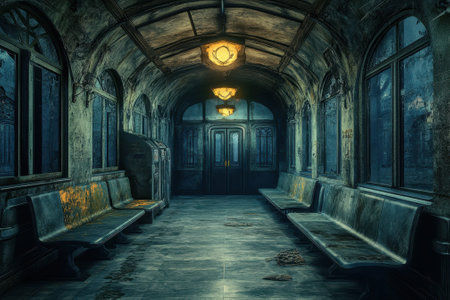 An old subway station, dimly lit, features rusted benches and cracked tiles, evoking a sense of desolation.の写真素材