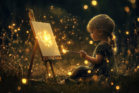 A young child creates art on an easel, surrounded by glowing sparkles in a twilight setting.の写真素材
