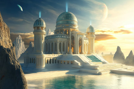 A grand palace with ornate domes rests by calm water, set against a backdrop of mountains and celestial bodies.の写真素材