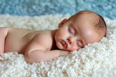 A serene baby sleeps soundly on a fluffy blanket, embodying innocence and tranquility in a warm space.の写真素材