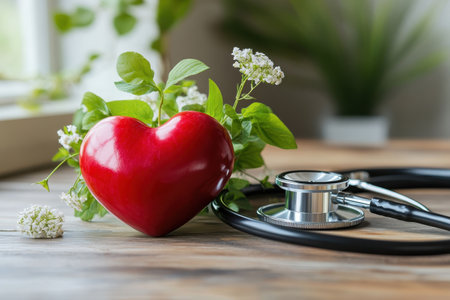 The vibrant red apple, shaped like a heart, sits next to a stethoscope and fresh greenery indoors.の写真素材