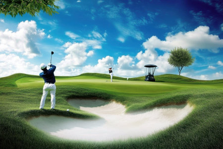 A golfer swings at a golf ball from a sand trap while another player watches on a sunny day.の写真素材