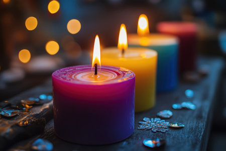 Colorful candles flicker softly on a wooden surface, creating a tranquil ambiance in a festive environment.の写真素材
