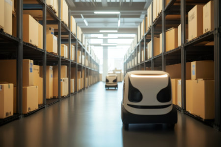 Automated vehicles navigate a modern warehouse, efficiently transporting goods between shelves.の写真素材