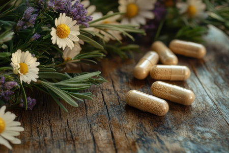Herbal capsules lie among vibrant flowers on a wooden surface, showing nature's health products.の写真素材