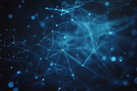 Bright blue dots and lines create an abstract design representing networks and data connections.の写真素材