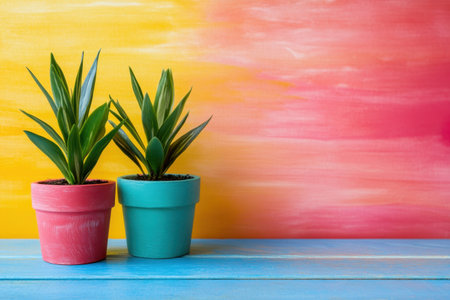 Two succulent plants in turquoise and pink pots sit against a striking gradient backdrop of orange and pink.の写真素材
