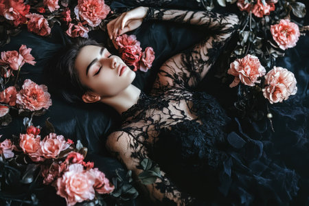 A serene woman lies peacefully amidst a bed of pink roses, dressed in an elegant black lace outfit.の写真素材