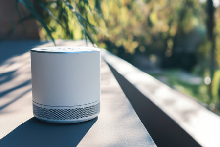 A modern smart speaker sits on a wooden ledge bathed in sunlight, with lush greenery in the background.の写真素材