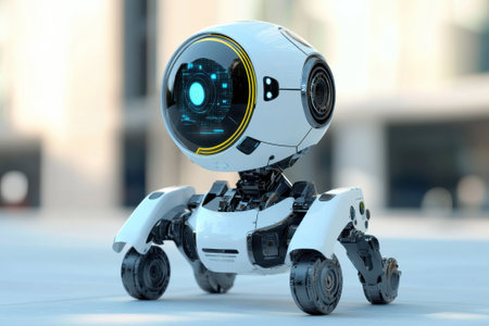 A small robotic companion with a spherical head moves through a contemporary cityscape on a sunny day.の写真素材