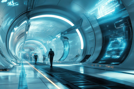 People walk through a sleek, high-tech corridor illuminated by blue light at night.の写真素材