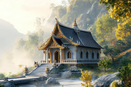 A beautifully crafted temple rests on the mountainside, surrounded by nature's tranquility at dawn.の写真素材