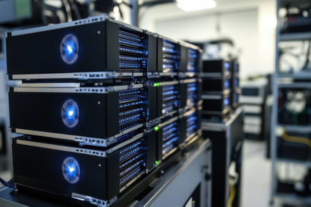 Rows of server racks are actively running, illuminated by blue lights in a technology hub.の写真素材