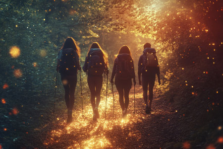 Four hikers trek down a forest trail, bathed in warm golden light as the sun sets behind the trees.の写真素材