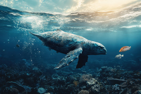 A majestic sea turtle swims amidst colorful corals and fish beneath sparkling ocean waters.の写真素材