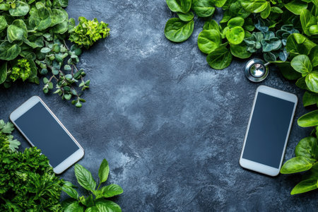 Smartphones are placed on a textured surface, encircled by vibrant green plants, creating a peaceful ambiance.の写真素材