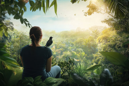 A woman sits peacefully on the ground in a vibrant rainforest, watching the sunrise while a bird perches nearby.の写真素材