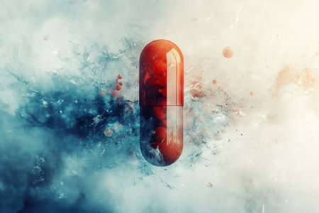 A striking red capsule is suspended amidst a swirling mix of vibrant colors, evoking imagination and creativity.の写真素材