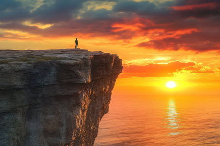 A lone individual gazes at a breathtaking sunset while perched on a rocky cliff above the ocean.の写真素材