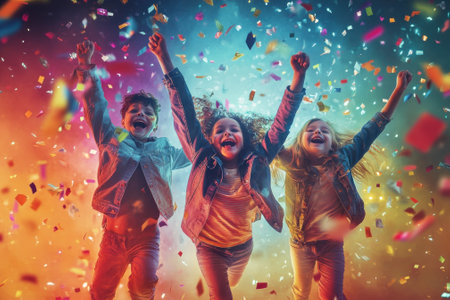 Three children joyfully celebrate, surrounded by colorful confetti in a festive atmosphere.の写真素材