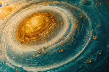 Deep blue and golden swirling patterns depict a vibrant galaxy filled with celestial elements.の写真素材