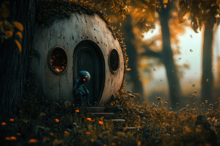 A small creature with glowing eyes rests on the steps of a round house, surrounded by autumn foliage and flowers.の写真素材