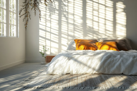 Bright bedroom featuring a stylish bed, warm pillows, and soft sunlight creating beautiful shadows.の写真素材