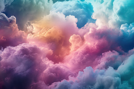 Vibrant clouds blend shades of pink, purple, and blue in the evening sky over a peaceful coastal landscape.の写真素材