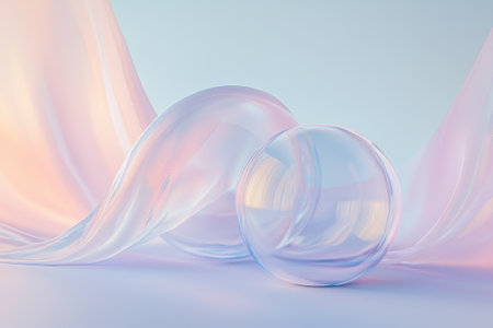 Soft translucent bubbles lie against a smooth pastel backdrop, creating a serene and ethereal ambiance.の写真素材
