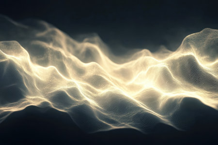Soft, luminous wave patterns ripple through dark space, creating an ethereal and calming effect.の写真素材