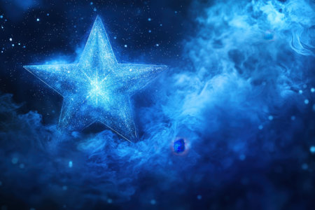 A bright blue star illuminates the dark galaxy, surrounded by ethereal clouds and twinkling stars.の写真素材
