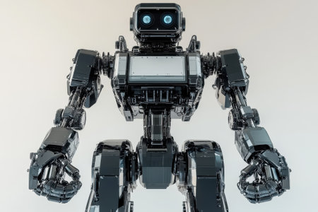 A robot with a glossy finish displays intricate mechanical features against a neutral backdrop.の写真素材