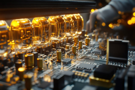 A technician works on intricate circuitry, focusing on components and connections in a high-tech environment.の写真素材