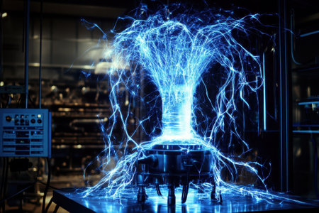 A powerful electric discharge generates stunning blue energy patterns inside a modern laboratory at night.の写真素材