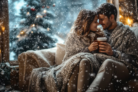 A couple enjoys hot drinks wrapped in blankets by a snow-covered window while snowy flakes fall.の写真素材