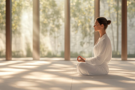 A woman sits cross-legged on a mat, meditating in a peaceful indoor space filled with sunlight.の写真素材