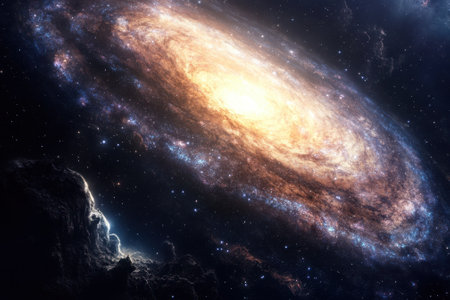 Brilliant galaxy displays swirling stars and cosmic dust in vast outer space, captivating with its beauty.の写真素材