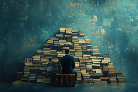 A solitary individual sits thoughtfully in front of an impressive collection of stacked books.の写真素材