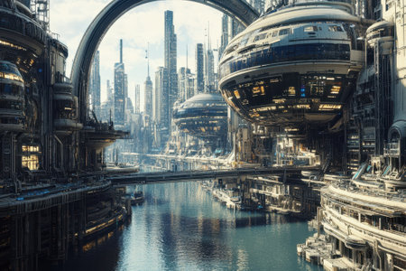 Massive, sleek buildings with hovering vessels surround a serene waterway in a futuristic urban environment.の写真素材