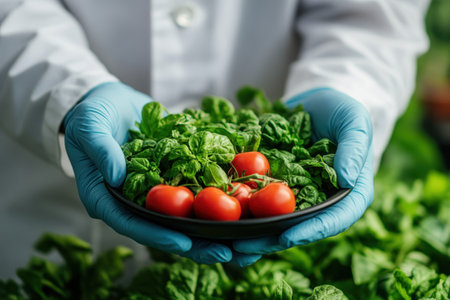 A person in a lab coat and gloves presents a plate of fresh spinach and ripe tomatoes, promoting healthy eating.の写真素材