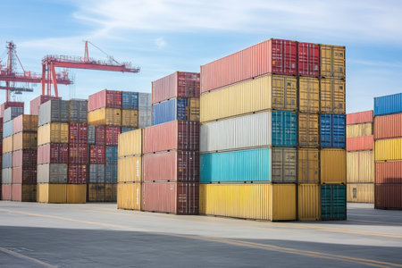 Colorful cargo containers are neatly arranged at a shipping terminal, with cranes in the background and clear skies.の写真素材