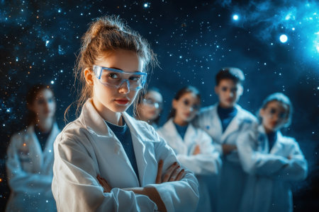 A confident young scientist stands in front of peers in lab coats, exploring theories in a cosmic setting.の素材