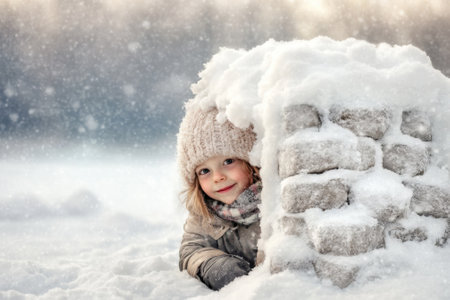 A child peeks out from a snow fort, enjoying winter play during a snowy afternoon in a tranquil setting.の写真素材