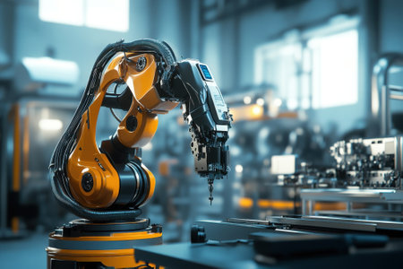 A robotic arm is actively engaged in assembly tasks within a contemporary factory environment filled with machinery.の写真素材