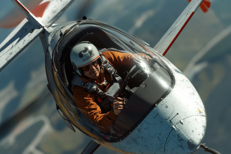 A skilled pilot navigates a small aircraft through an aerial maneuver against a backdrop of rolling hills.の写真素材
