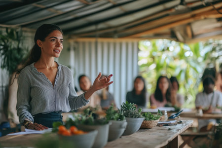 A woman leads a workshop about plant care, surrounded by participants in a lively indoor garden.の写真素材