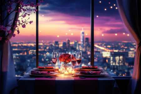 A beautifully set dinner table overlooks a city skyline, illuminated by sunset hues and soft candlelight.の写真素材