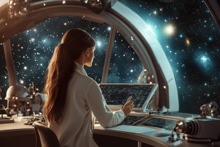 A woman operates advanced control panels while observing distant galaxies through a large window in space.の素材