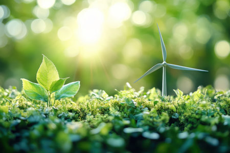 A small wind turbine stands near vibrant green leaves, showing a connection between nature and renewable energy.の写真素材
