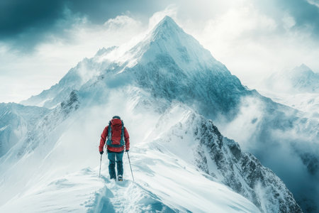 A hiker ascends a snowy mountain, surrounded by clouds and rugged peaks under overcast skies.の写真素材